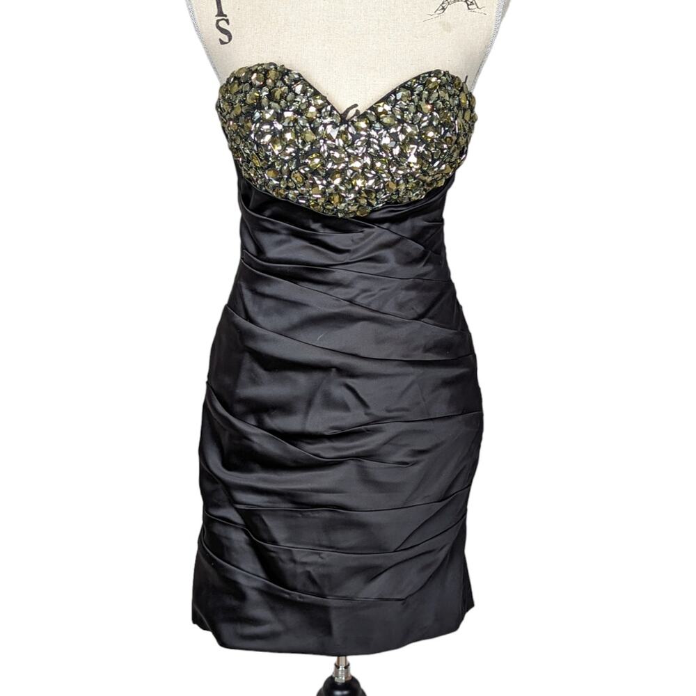 La Femme Strapless Beaded Bodycon Satin Mini Dress Black Size 8